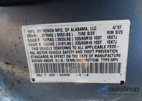 2007 Honda Odyssey Ex-L z USA, uszkodzony, nr VIN 5FNRL38627B077246